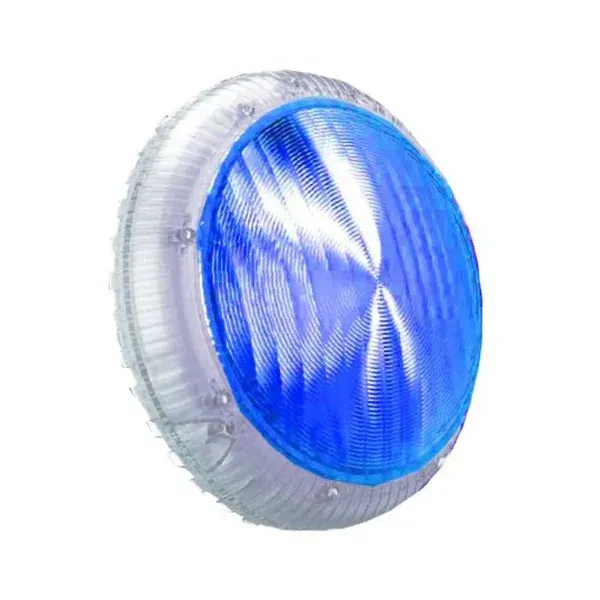 A close up of a blue light on a white background