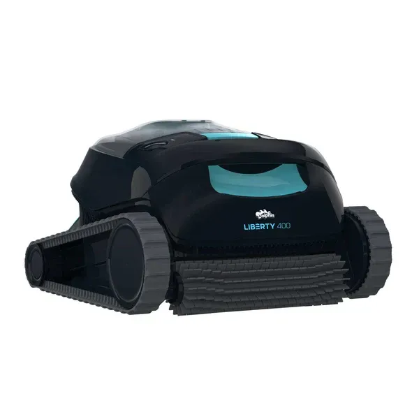 A black and blue robotic pool cleaner on a white background.