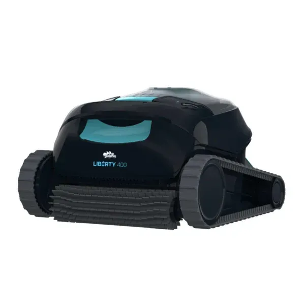 A black and blue robotic pool cleaner on a white background.