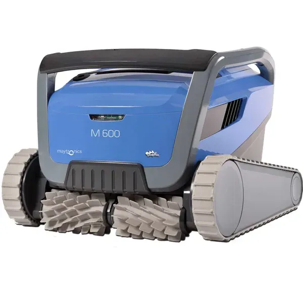 A blue and gray robotic pool cleaner with the word m600 on it