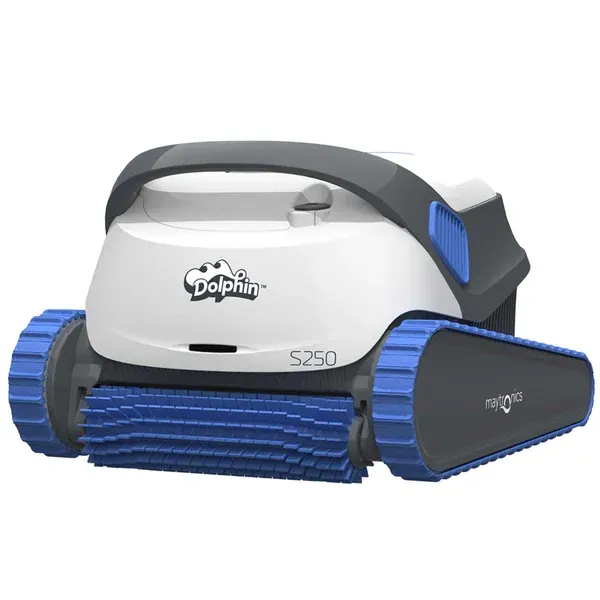 A dolphin s250 robotic pool cleaner is sitting on a white surface.