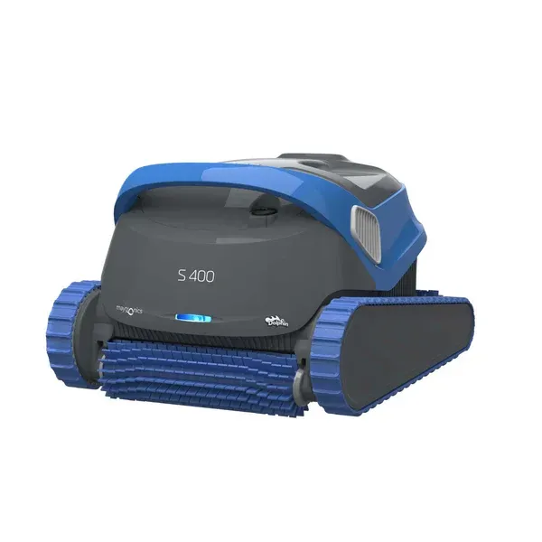 A black and blue robotic pool cleaner with the word s400 on it