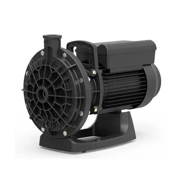 A black pump with a motor attached to it on a white background.