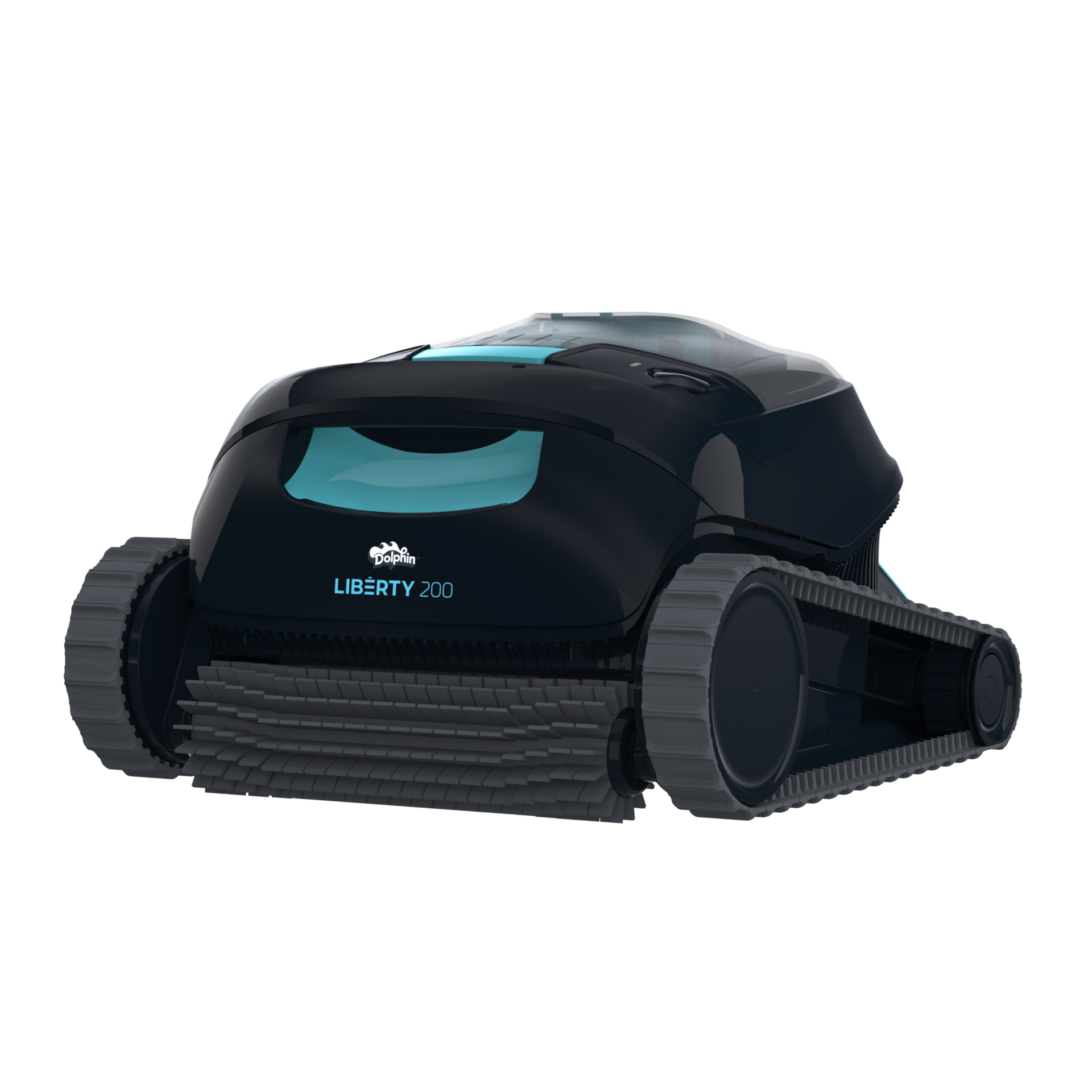 A black and blue robotic pool cleaner on a white background.