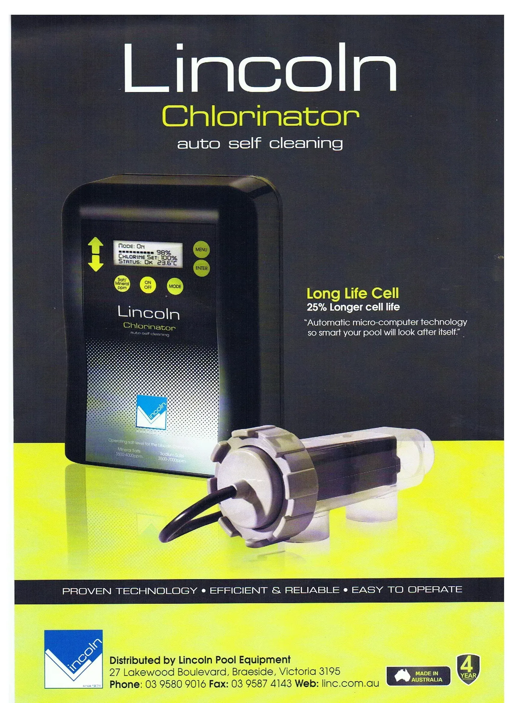 An advertisement for a lincoln chlorinator with a picture of a device