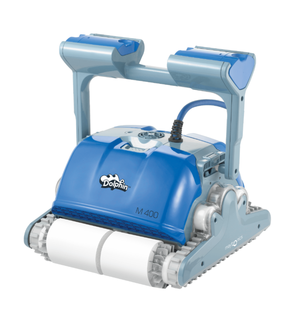A blue and white dolphin m400 robotic pool cleaner