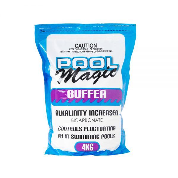A blue and white bag of pool magic buffer