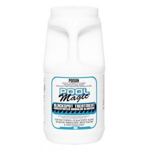 A bottle of pool magic blackspot treatment on a white background.