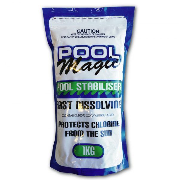 A blue and white bag of pool magic pool stabiliser