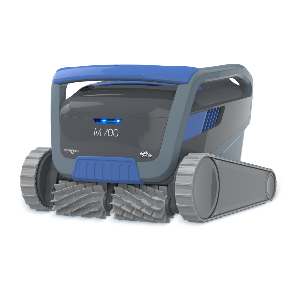 A robotic pool cleaner is sitting on a white background.