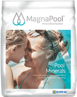 A bag of magnapool pool minerals with a picture of a woman and child