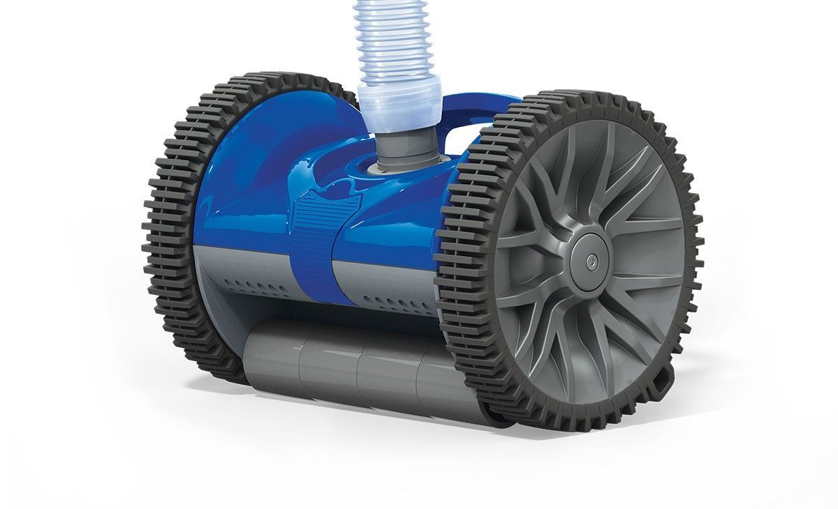 A blue and gray pool vacuum cleaner with wheels on a white background.