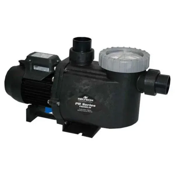A black swimming pool pump with a grey cap