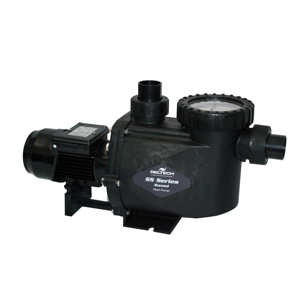 A black swimming pool pump is shown on a white background.