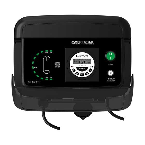 A black device with a clock and buttons on it.