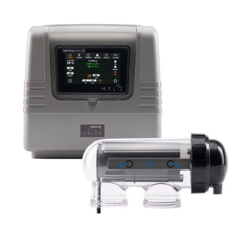 A swimming pool chemical controller and a chemical cell on a white background.