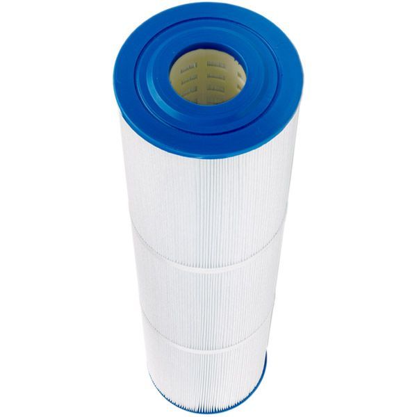 A white filter with a blue top and a hole in the middle