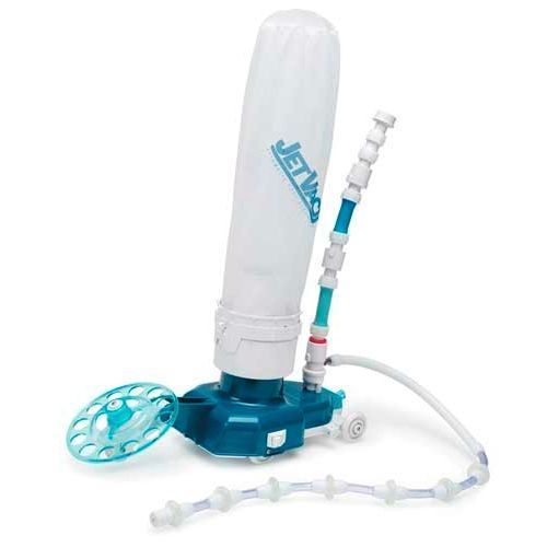 A blue and white pool vacuum with the word jet on it