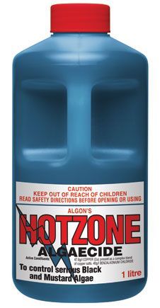 A blue bottle of hotzone algaecide with a red cap