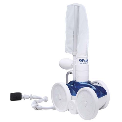 A blue and white pool vacuum with a bag attached to it.