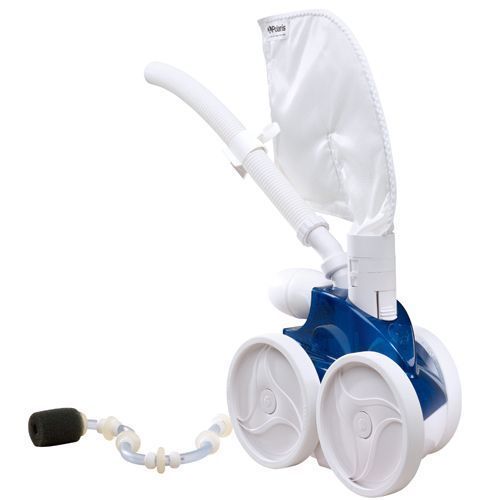 A blue and white swimming pool vacuum cleaner with wheels on a white background.