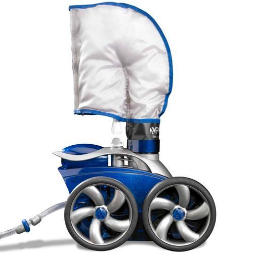 A blue and silver swimming pool cleaner with wheels