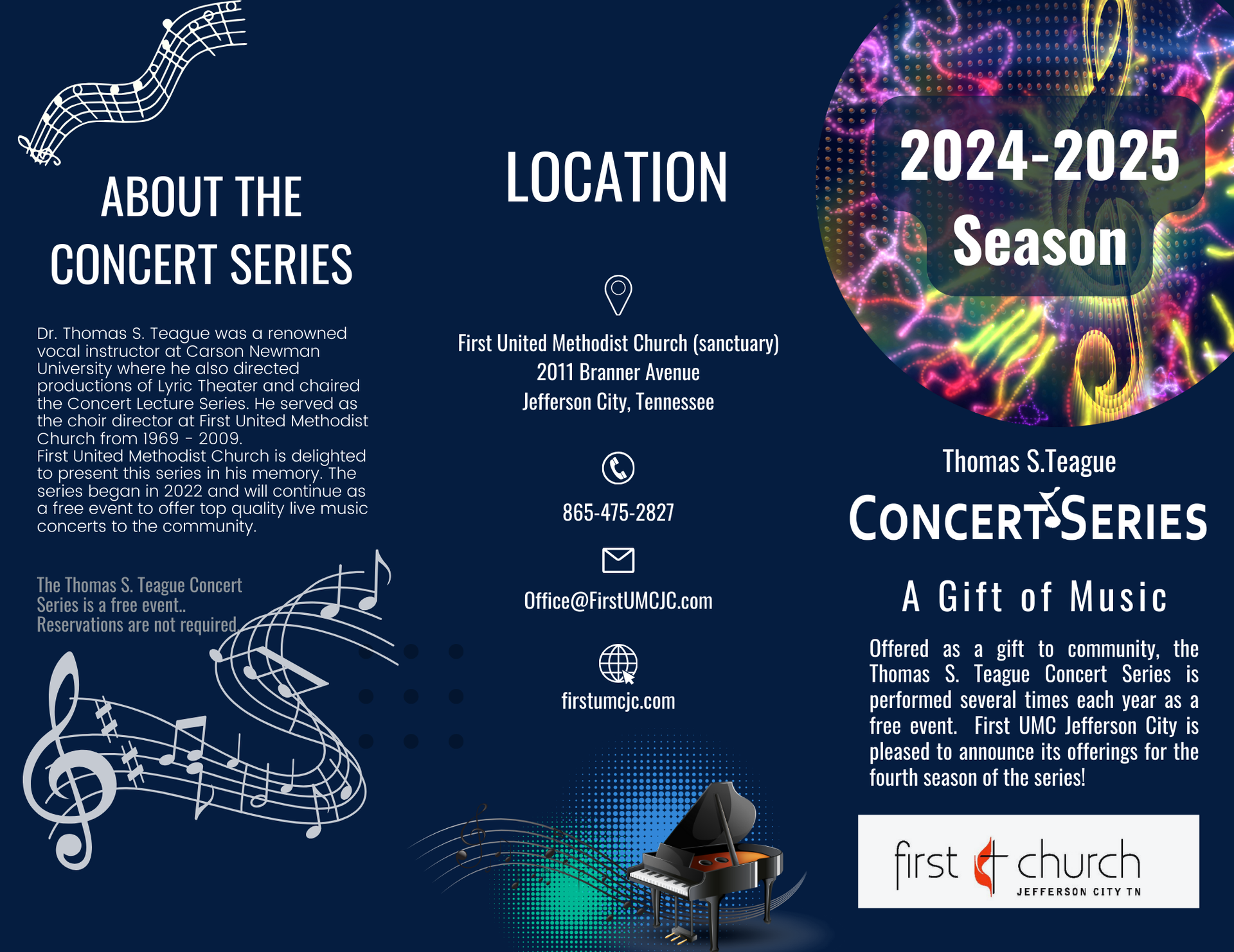 A brochure for the concert series shows a piano and music notes
