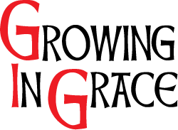 A red and black logo for growing in grace
