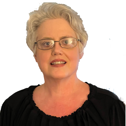 A woman wearing glasses and a black shirt is smiling.