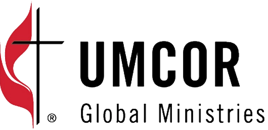 A logo for umcor global ministries with a cross and a red flag.