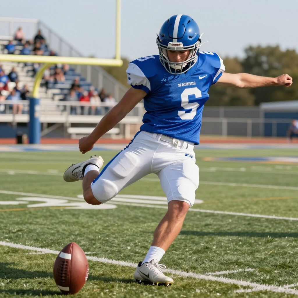 A football player in a blue and white uniform kicks a football on a field during a game.