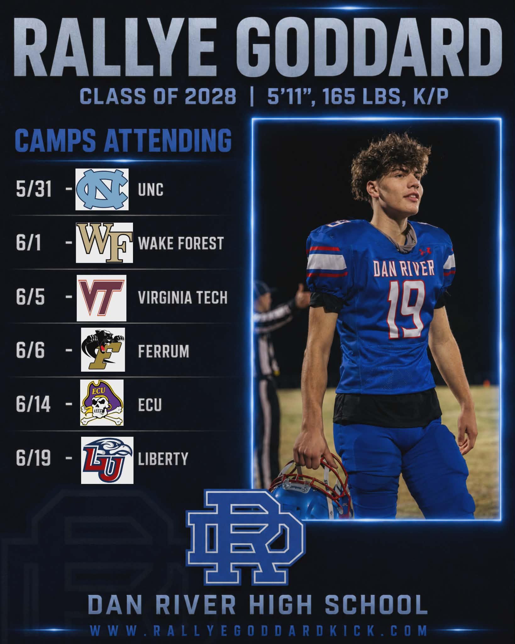 Dan River High School football poster for Rally Goddard, class of 2028, with camp dates and player portrait.