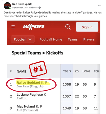 A graphic featuring Rallye Goddard, a Punter/Kicker, awarded 2025 Varsity Special Teams Player of the Year in red and blue.