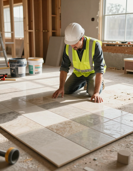 Cody Sellers checking tile layout on a jobsite