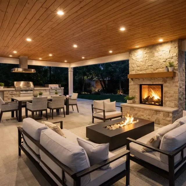 Covered outdoor patio with seating, dining table, fireplace, and fire pit at dusk