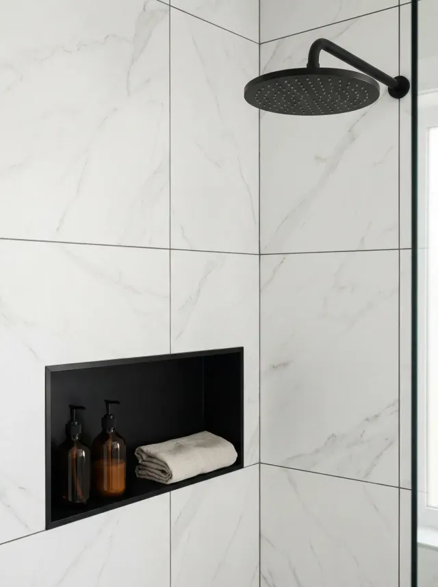Modern shower with black rainfall head and recessed shelf holding bottles and towels