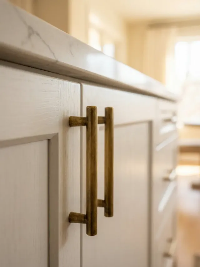 Close-up of white kitchen cabinet doors with brass pulls and a marble countertop above