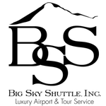 Logo for Big Sky Shuttle: black intertwined "B S S" with a mountain silhouette above; text below.