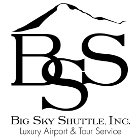 Logo for Big Sky Shuttle: black intertwined "B S S" with a mountain silhouette above; text below.