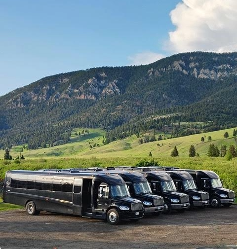Five black shuttle buses parked on a dirt lot with a mountainous landscape background.