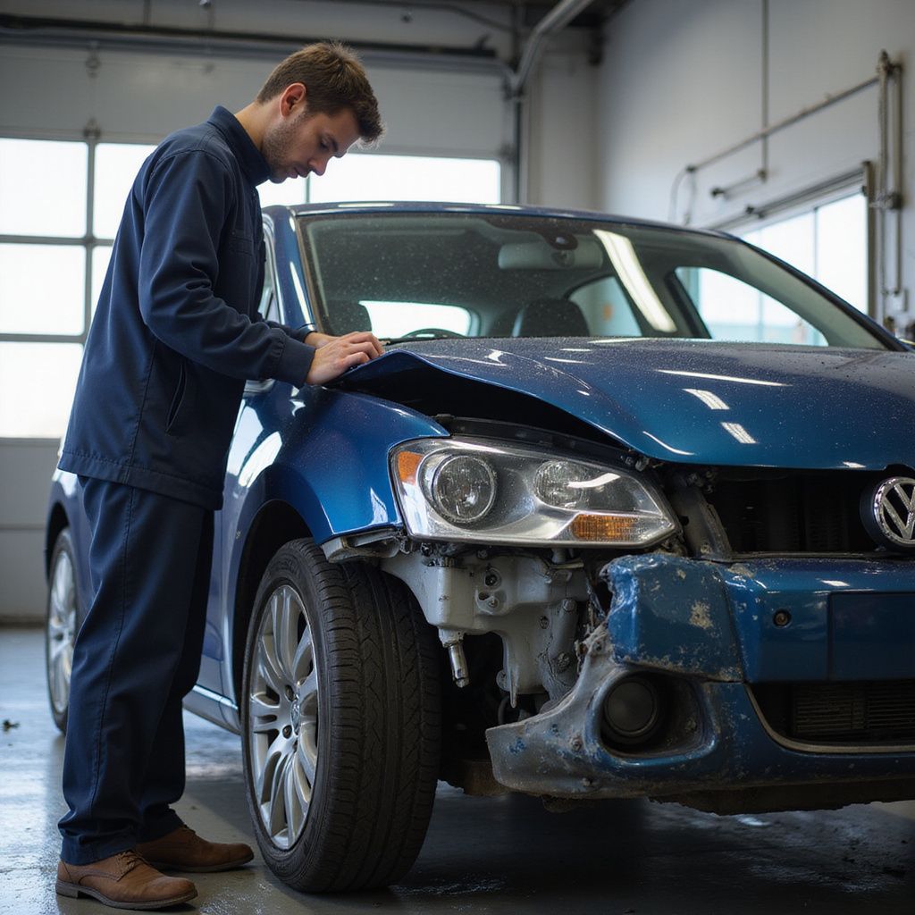 Mechanic inspecting the damaged front of a blue Volkswagen in a garage