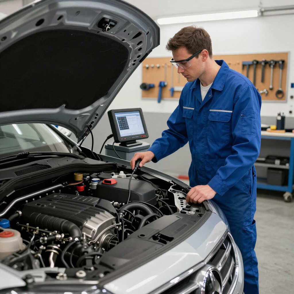Mechanic in blue coveralls inspecting a car engine with the hood open in a repair shop