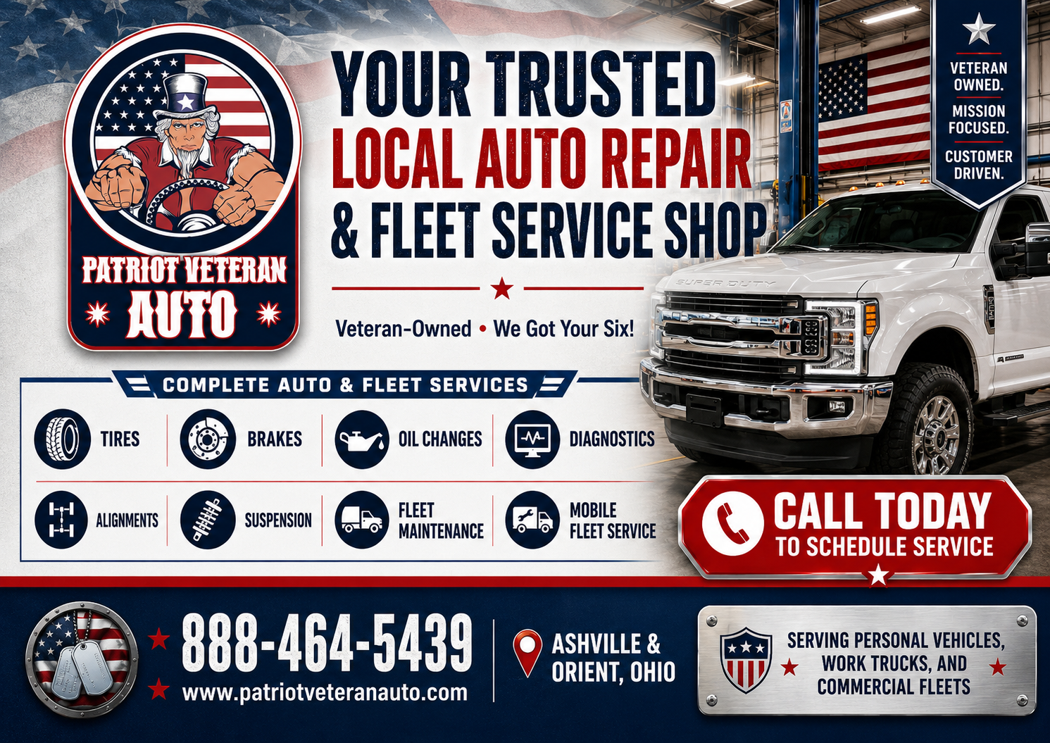 Auto repair and fleet service ad with tow truck, contact numbers, and “Call Today” banner
