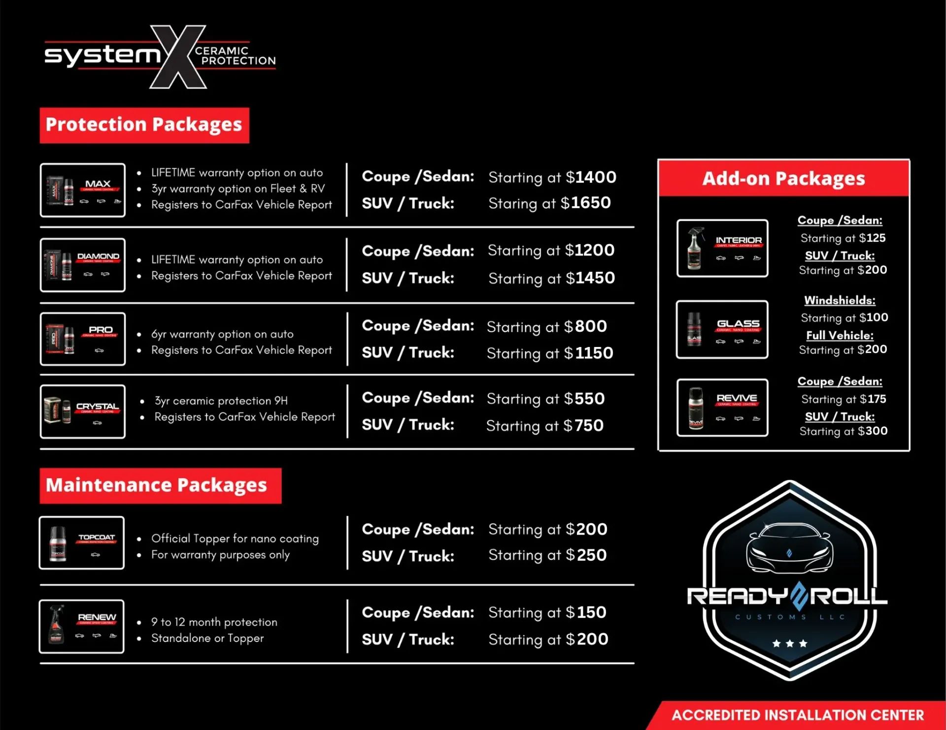 Dark promotional price sheet for system X protection, maintenance, and add-on packages with logos and pricing details