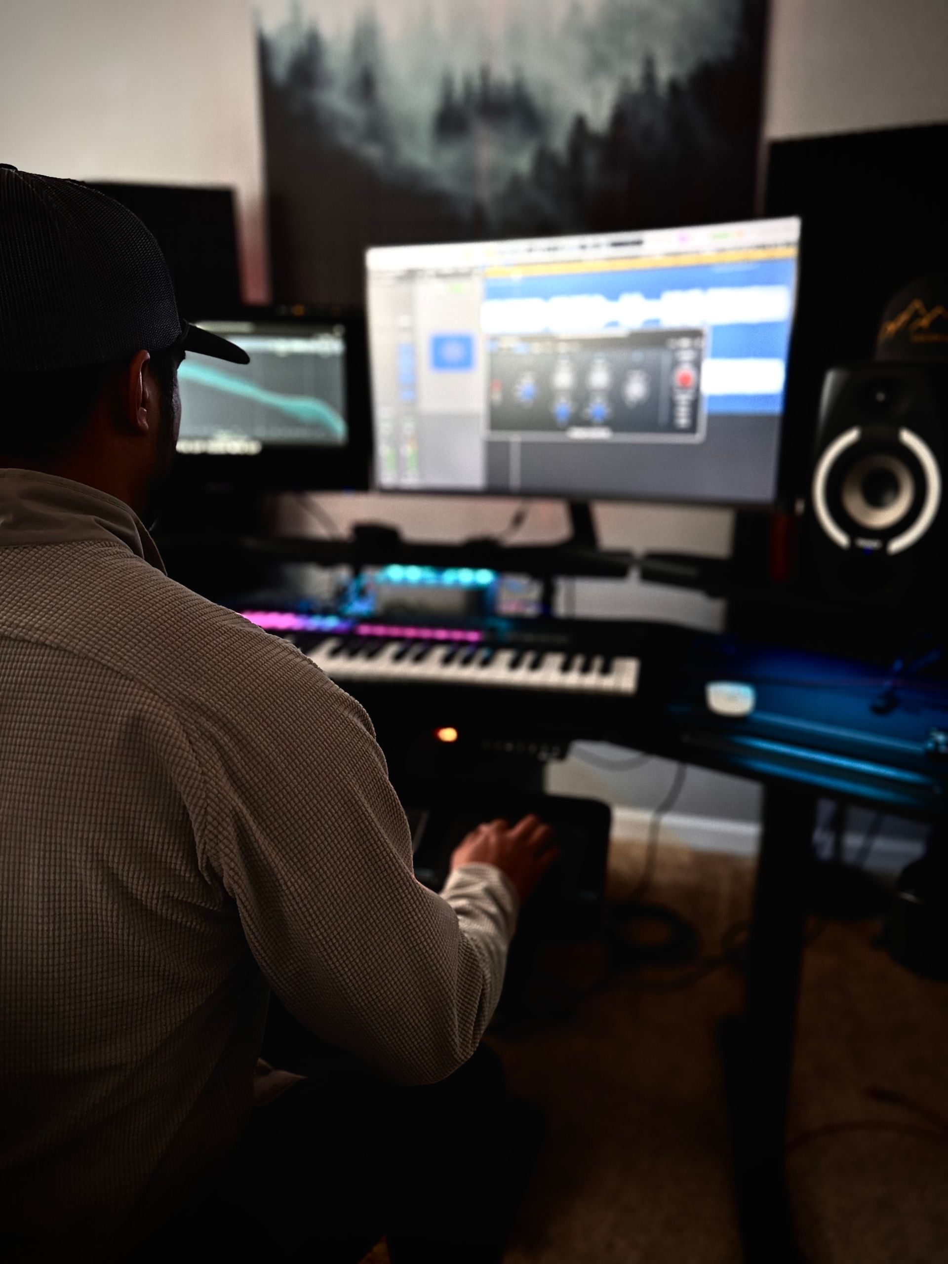 A man is sitting at a keyboard in front of a computer monitor
