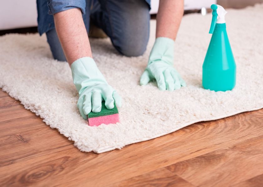 Person wearing green gloves scrubbing a white rug with a pink brush beside a teal spray bottle