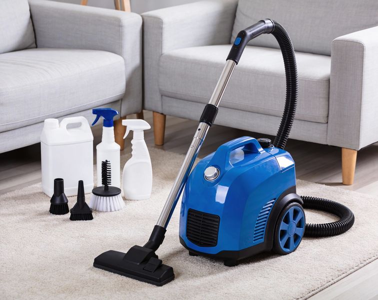 Blue canister vacuum cleaner with attachments on a living room carpet beside a sofa