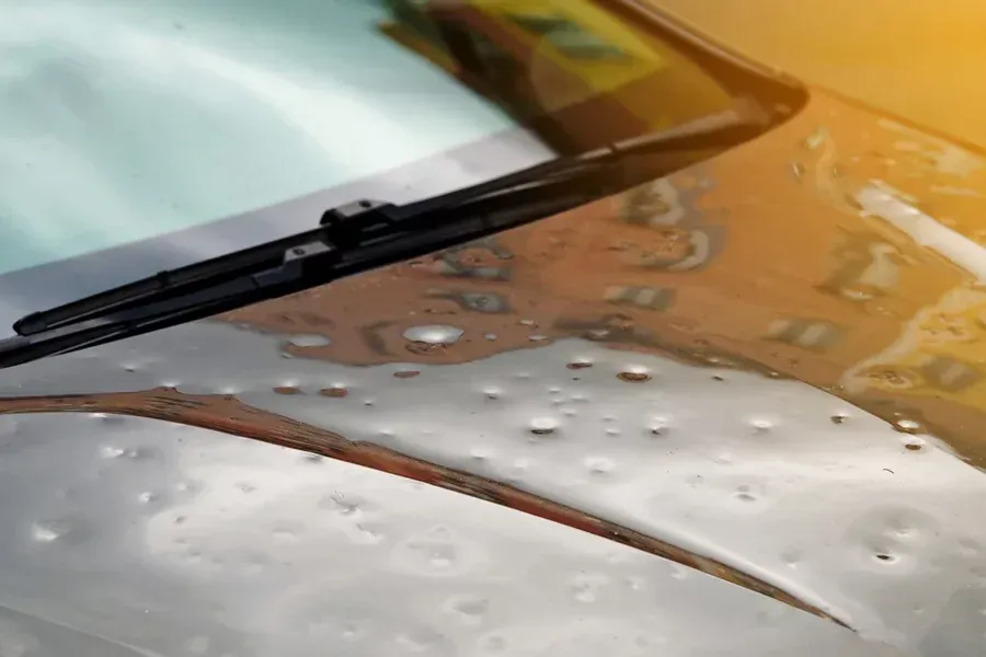 Hail damage on car hood with visible dents after heavy hailstorm, effects of extreme weather on vehicles.