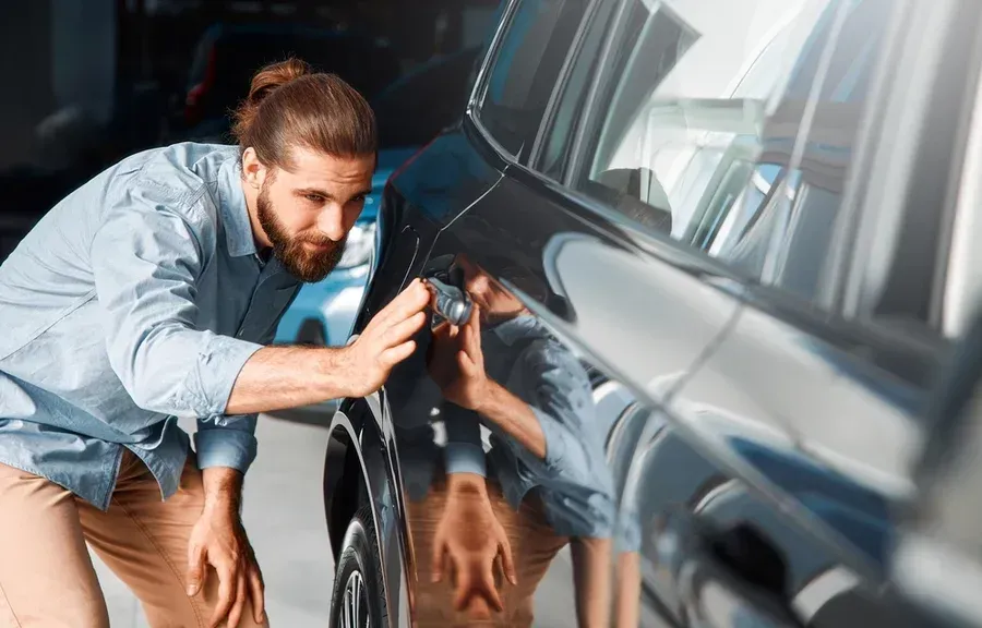 A customer at a dealership is doing his own inspection, in spite of the vehicle lease return inspect