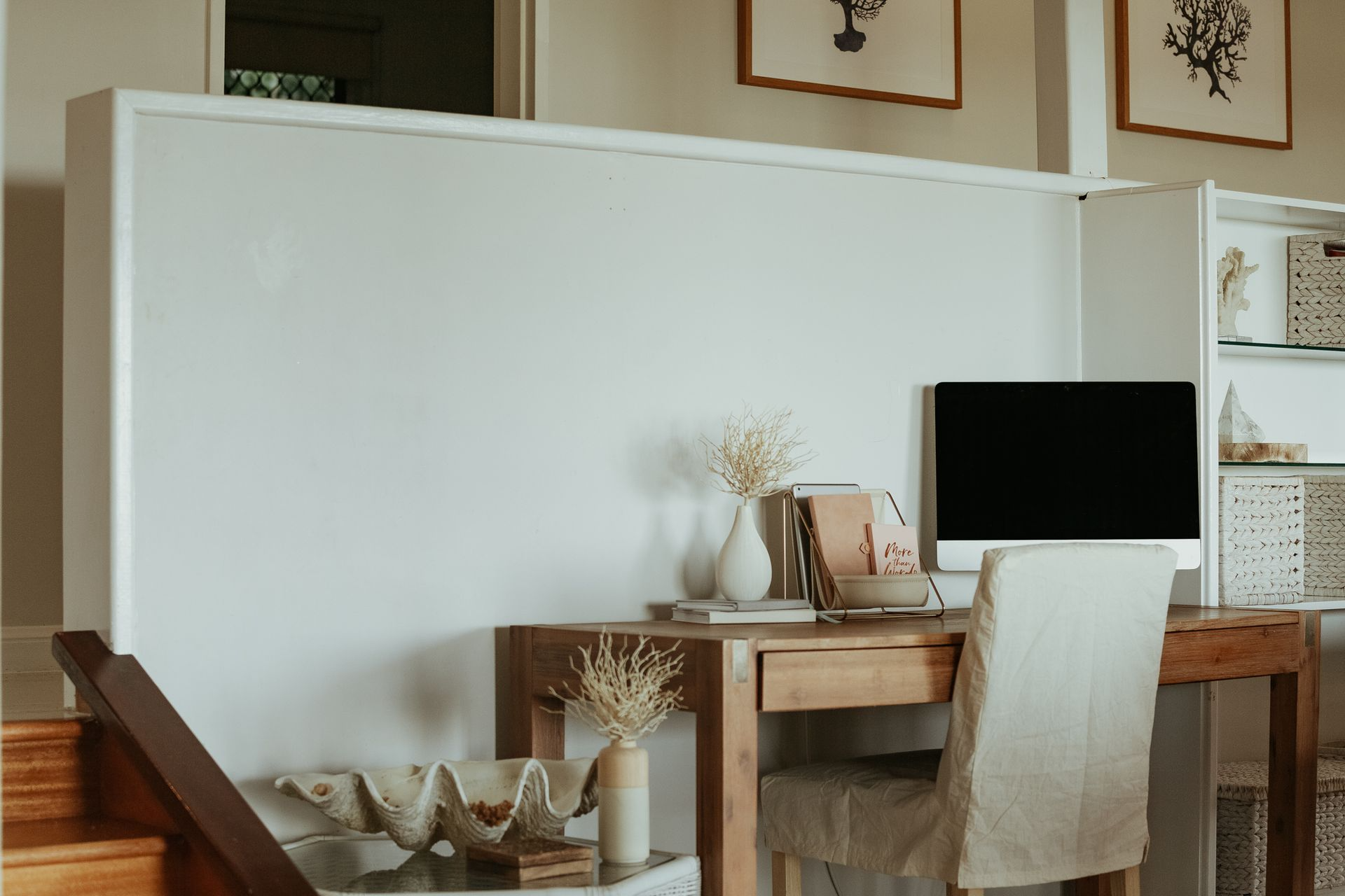 Desk With Computer and Chair, Against a White Wall and Shelving Unit — MDSR Group In Manunda, QLD